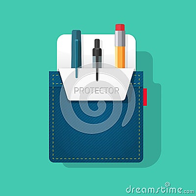 Pocket protector vector, flat style jeans shirt pocket with pen and pencils, tools Vector Illustration