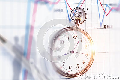 Pocket watch on infographs . Mixed media Stock Photo