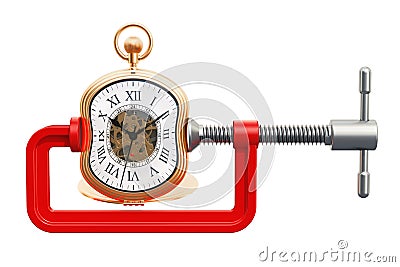 Pocket watch squeezed in a clamp concept, 3D rendering Stock Photo