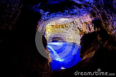 Poco Encantado, blue lagoon with sunrays inside a cavern in the Chapada Diamantina, Andarai, Bahia, Brazil Stock Photo