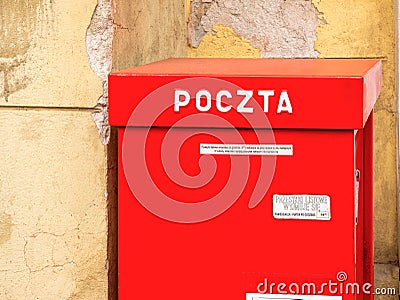 Poczta Polska, Polish Post, state postal administration post office red postal box. Traditional mail-handling large public mailbox Editorial Stock Photo