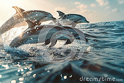 Pod of dolphins leaping joyfully in sunlit waters, sleek bodies glistening in photorealistic detail Stock Photo