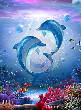 Pod of lovable dolphin family Vector Illustration