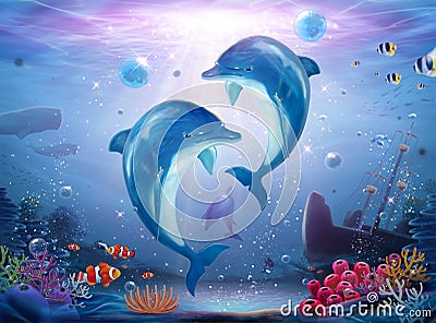 Pod of lovable dolphin family Vector Illustration