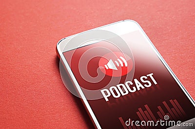 Podcast app on smartphone. Listening to sound and audio. Stock Photo