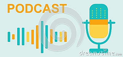 Podcast concept illustration on blue background banner. Studio table microphone with broadcast text on air. Online podcasting show Vector Illustration