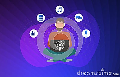 Podcast concept illustration. Man with headphones listens to the online streaming application. Podcasting Radio Services Vector Illustration