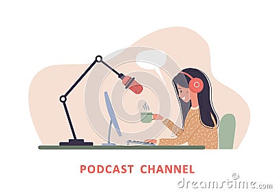 Podcast concept. Woman in headphones at table recording audio broadcast. Vector Illustration