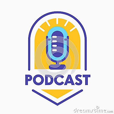 Podcast Entertainment Logo with Microphone. Banner, Badge or Label for Online Broadcasting. Audioprogram or Livestream Vector Illustration