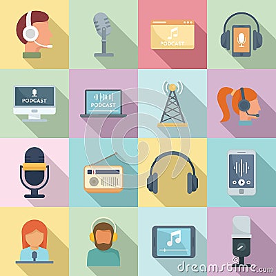 Podcast icons set, flat style Vector Illustration