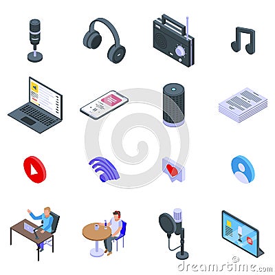 Podcast icons set, isometric style Vector Illustration