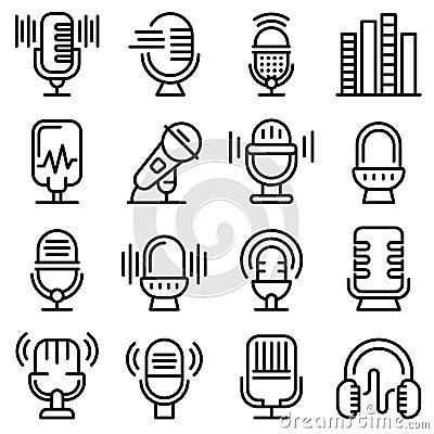 Podcast icons set, outline style Vector Illustration