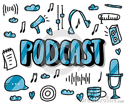 Podcast lettering with decoration. Vector design. Vector Illustration