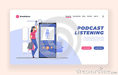 Podcast mobile app advertising landing page or poster template. Woman listening podcast in public transport Vector Illustration