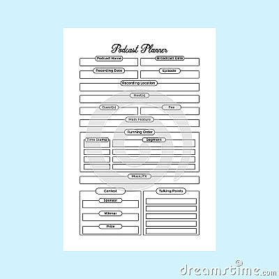 Podcast planner KDP interior logbook. Radio station information notebook and guest tracker template. KDP interior logbook. Podcast Vector Illustration