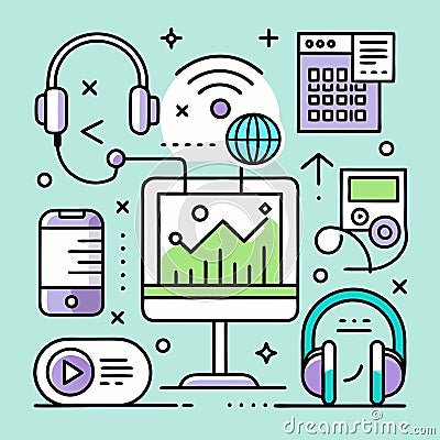 Podcast, radio broadcast and music doodle icons. Equalizer, microphone, audio computer program, headset, playlist application... Vector Illustration