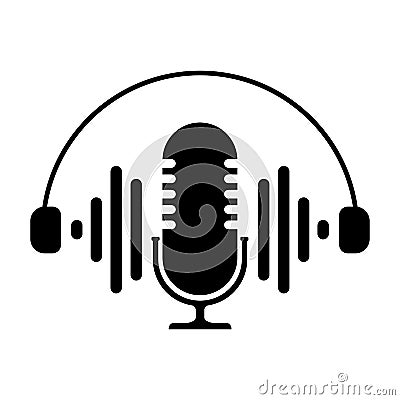 Podcast radio icon illustration. Studio table microphone with broadcast text podcast. Webcast audio record concept logo Vector Illustration