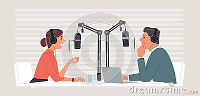 Podcast or radio show. The broadcast of the program on the internet or on the radio. The host has a guest in the studio Cartoon Illustration