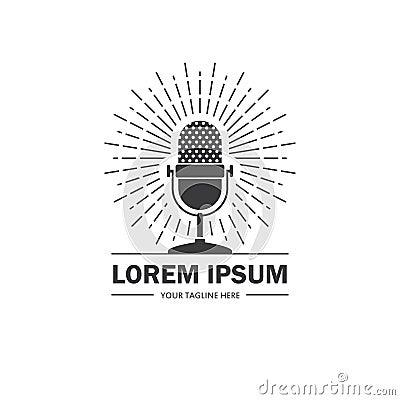 Podcast, radio logo with retro microphone Vector Illustration