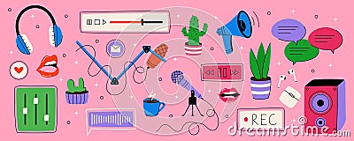 Podcast record. Doodle laptop, pencil, radio and voice icons, mouth with music and coffee for content. Headphones and Vector Illustration