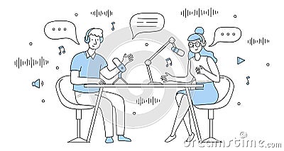 Podcast record, radio interview broadcast doodle Vector Illustration
