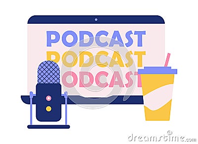 Podcast recording - laptop, microphone, glass of coffee. Stand micro. Disposable cup with hot drink. Technology display Vector Illustration