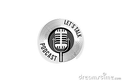 Podcast or singer vocal karaoke logo with retro microphone and vinyl icon Vector Illustration