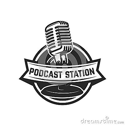 Podcast station. Emblem template with retro microphone. Design element for logo, label, emblem, sign. Vector Illustration