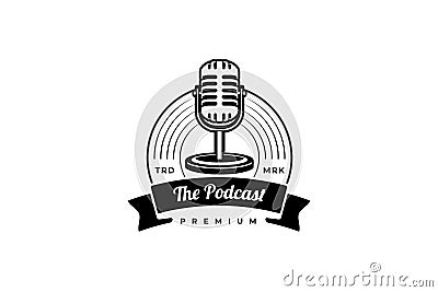 Podcast station singer karaoke with retro microphone. Design element for logo, label, emblem, sign Vector Illustration