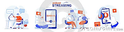 Podcast streaming concept set. Live broadcast of interviews Vector Illustration