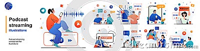 Podcast streaming isolated set. Online broadcast or recording of interviews. People collection of scenes in flat design. Vector Vector Illustration