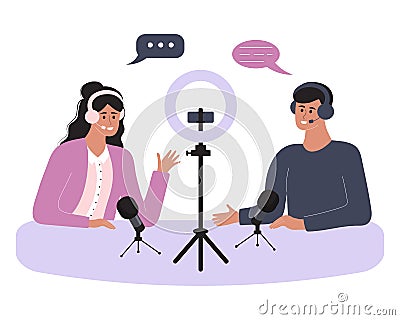 Podcast in studio. Man and woman in headphones Vector Illustration