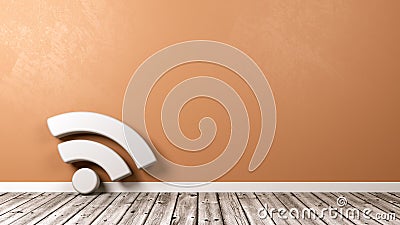 Podcast Symbol on Wooden Floor Against Wall Stock Photo