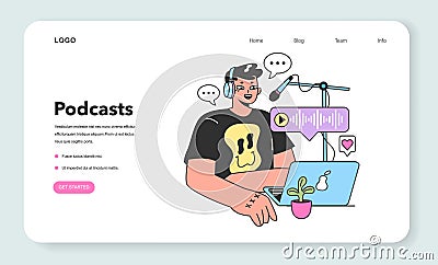 Podcast web banner or landing page. Character recording audio podcast Vector Illustration