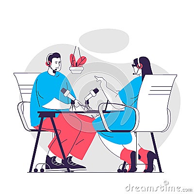 Podcast web concept. Man and woman recording audio podcast or interview Vector Illustration
