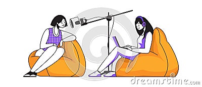 Podcast. Women streaming interview. Recording conversation between host and guest in studio. Characters sitting in cozy Vector Illustration