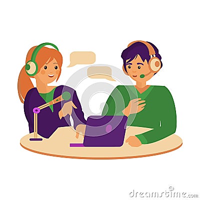 Podcaste in studio Female radio host interviewing guests on radio station. Man and woman in headphones talking Vector Illustration