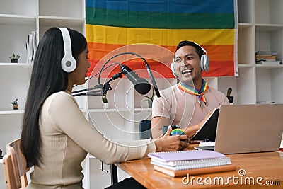 Podcaster is interviewing a guest about the content topic of LGBTQIA. Podcast concept Stock Photo