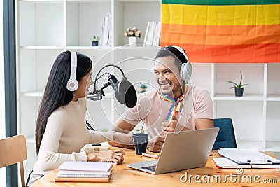 Podcaster is interviewing a guest about the content topic of LGBTQIA. Podcast concept Stock Photo