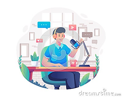 A Podcaster man in headphones sitting at a table is recording a digital audio broadcast. Podcast in the studio Vector Illustration