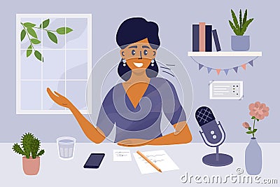 Podcasting concept, female radio host speaking into microphone Vector Illustration