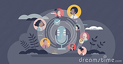 Podcasting popularity and online podcast recording tiny person concept Vector Illustration