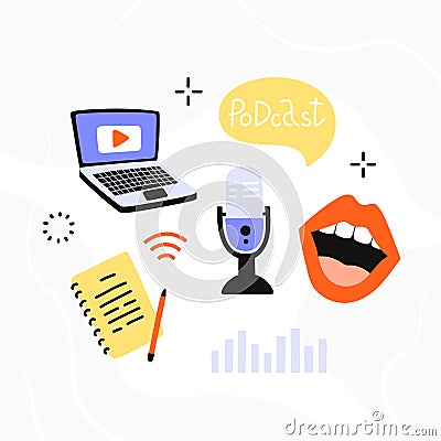 Podcasting template. Equipment set for blogging, webinar, podcasting and broadcasting, online radio. Vector Illustration