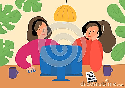 Podcasting. Two women with recording, editing, or broadcasting podcast, online training, or online radio. Vector Illustration