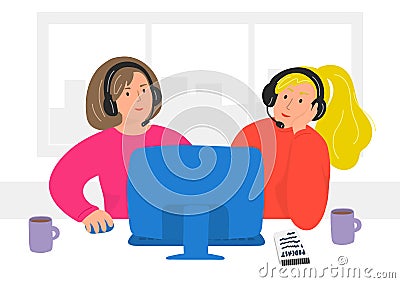 Podcasting. Two women with recording, editing, or broadcasting podcast, online training, or online radio. Vector Illustration