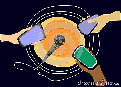 Podcasting and web radio concept. Three hands of different colors with smartphones pointed at the microphone Vector Illustration