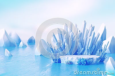 Podium crystal ice cold cool fresh iceberg white. ocean blue sky or polar glacier stand product display advertisement landscape. Cartoon Illustration