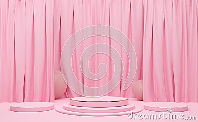 Podium empty with geometric shapes and curtain in pink pastel composition for modern stage display and minimalist mockup ,abstract Cartoon Illustration