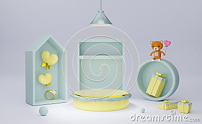 Podium empty and Teddy bear with yellow heart shapes and Showcase in gray composition for modern stage display and minimalist Cartoon Illustration