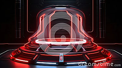 Podium Futuristic Sci fi 3D Rendering Alien red Neon Glass Modern Empty cyber punk. Generative Ai Stock Photo